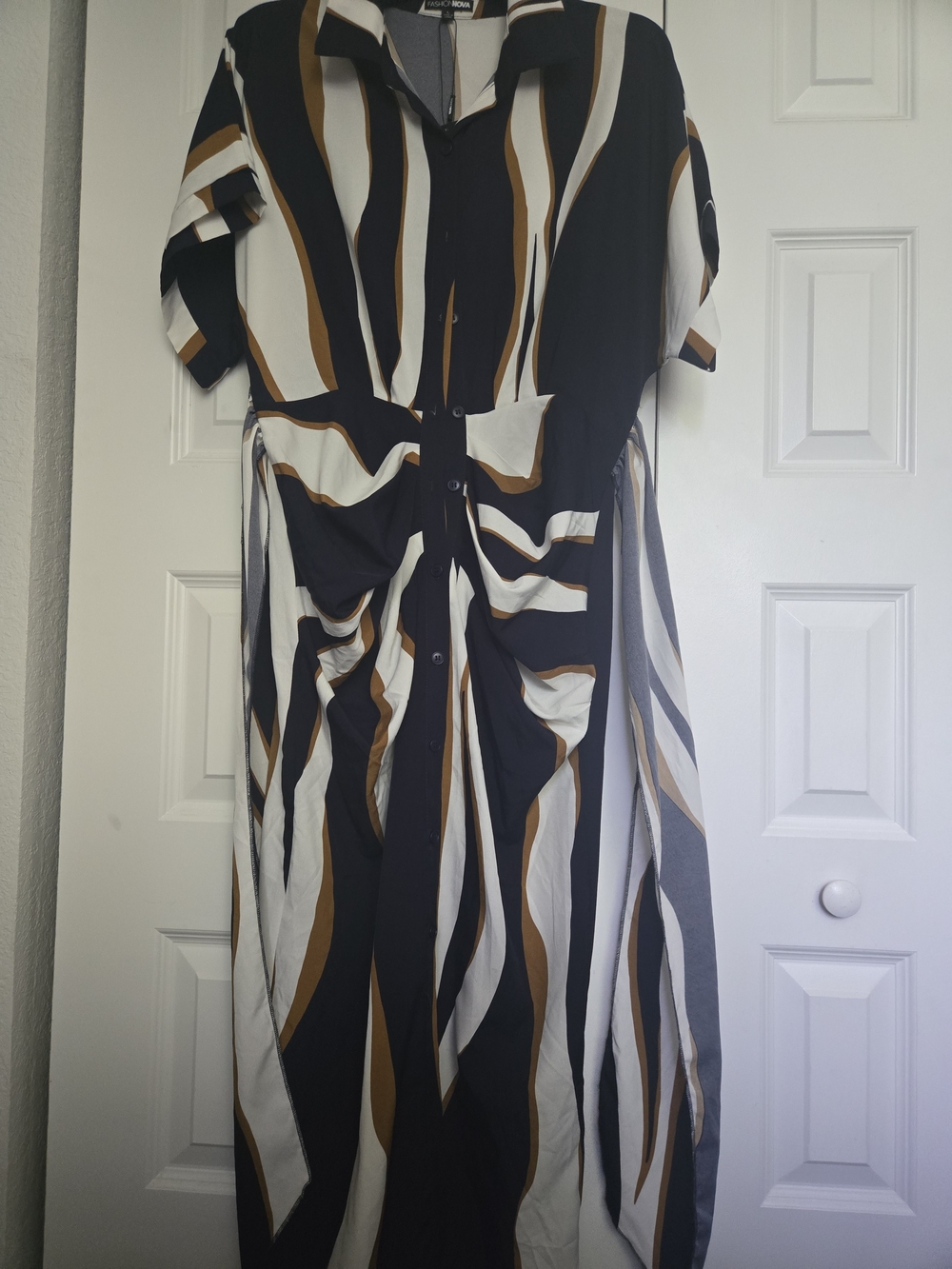 Button-Front Midi Dress in Navy Blue, White & Brown - Classic Stripe